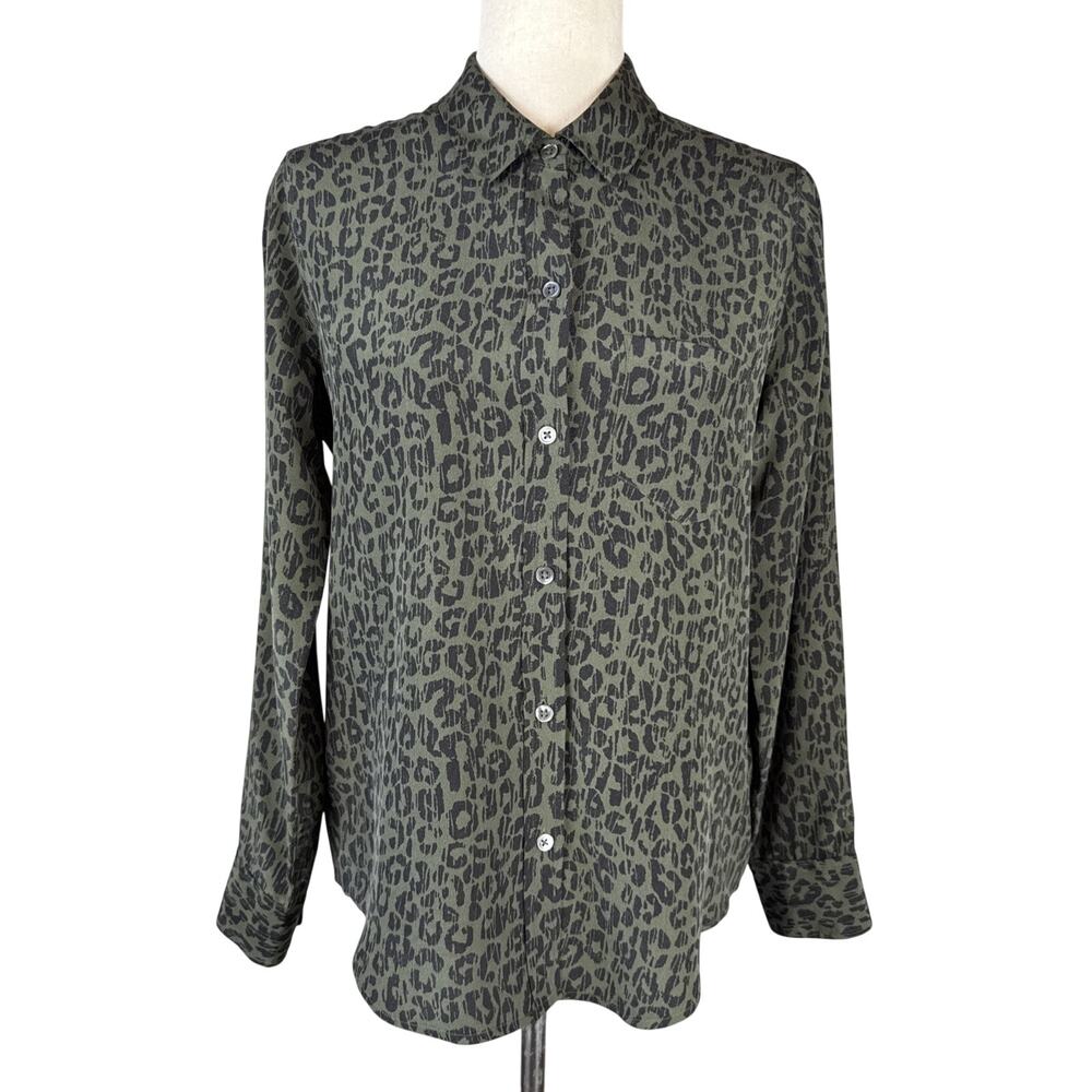 Rails Womens Kate Button Down Top Shirt Size S Olive Green Cheetah Pure Silk